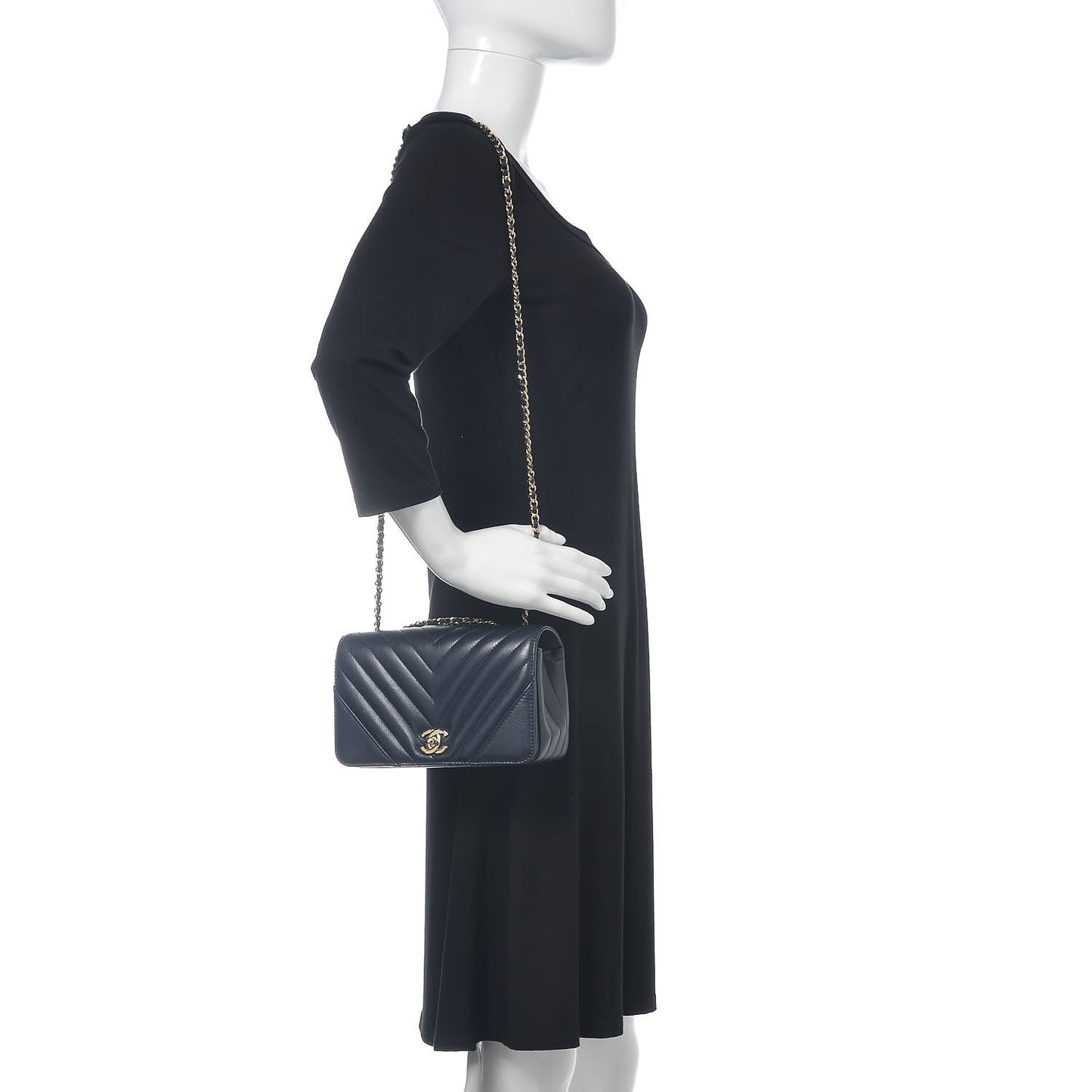 Calfskin Chevron Quilted Mini Statement Flap Navy Blue