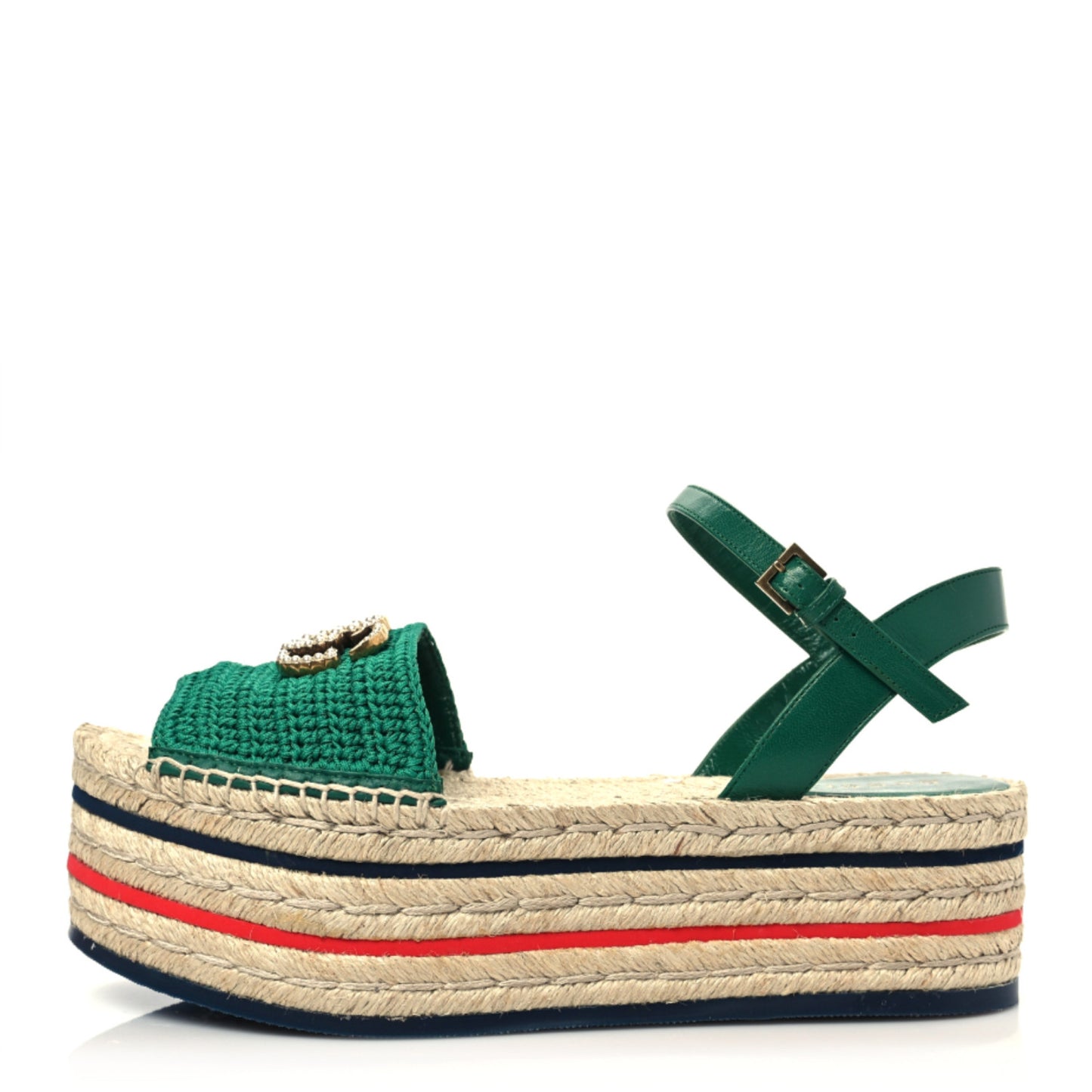Cotton Malaga Kid Crochet Pearly GG Lilibeth Espadrille Platform Sandals 39.5 Emerald