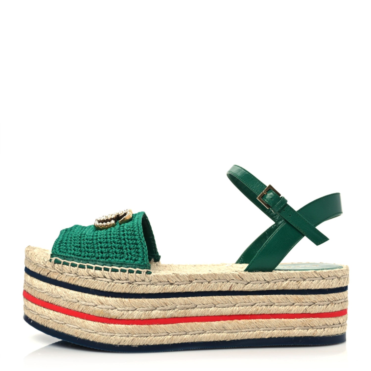Gucci Cotton Malaga Kid Crochet Pearly GG Lilibeth Espadrille Platform Sandals 39.5 Emerald 1 of 9