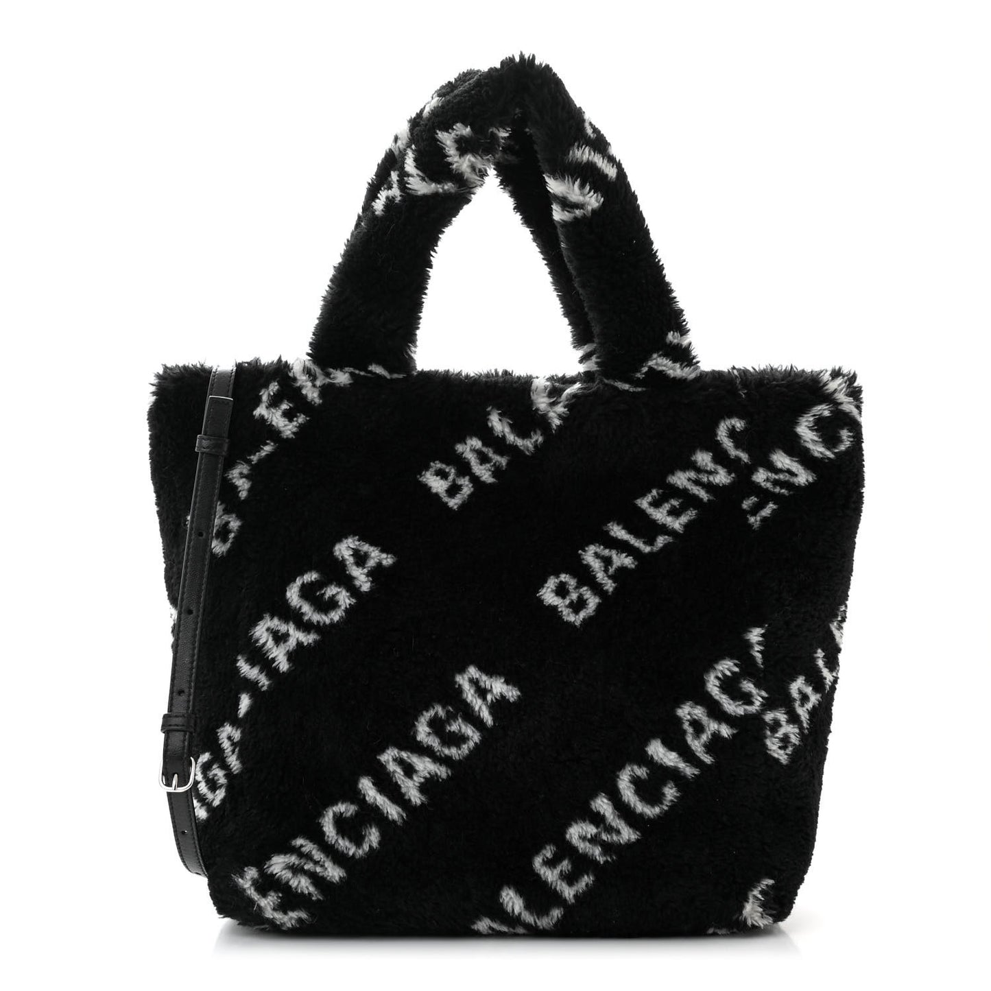 Faux Fur Diagonal Logo Everyday Tote Black White