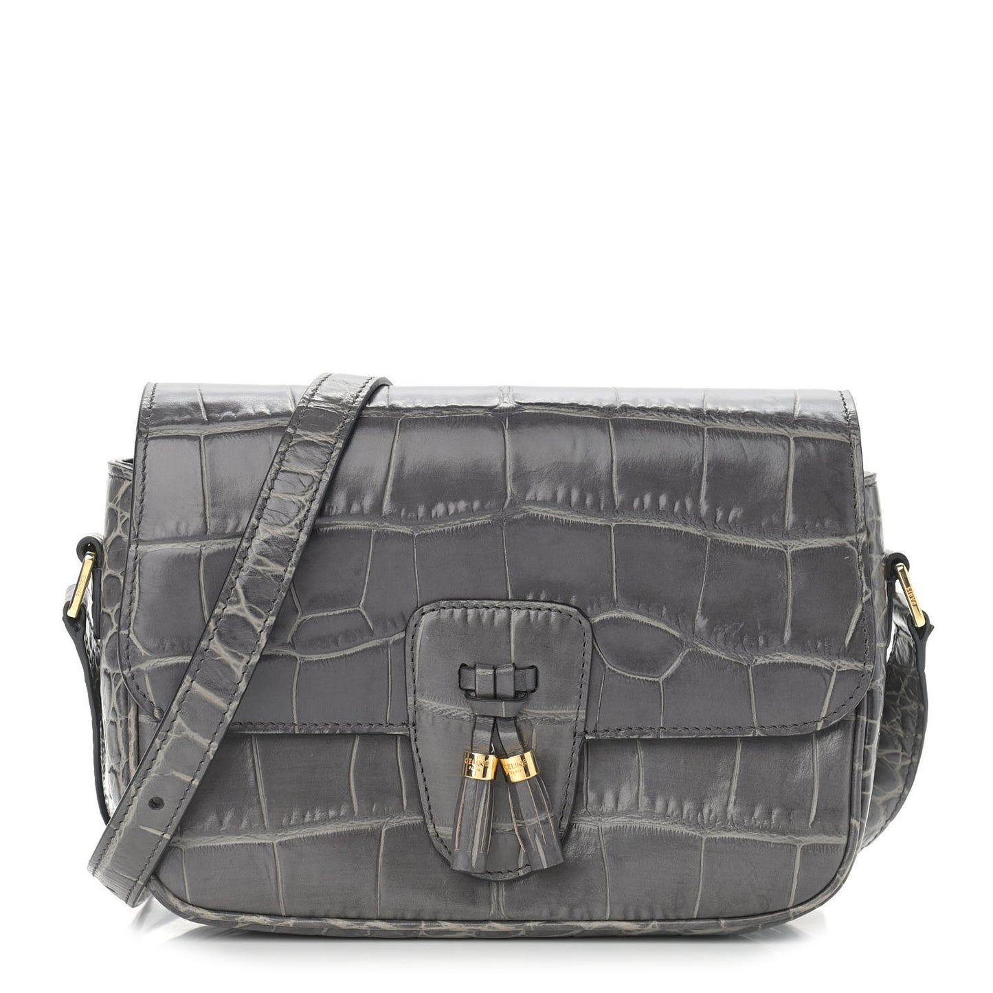 Calfskin Crocodile Embossed Medium Tassel Bag Anthracite