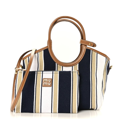 Miu Miu Cannete Canvas Striped Small Ivy Tote Blue Sabbia 3 of 9