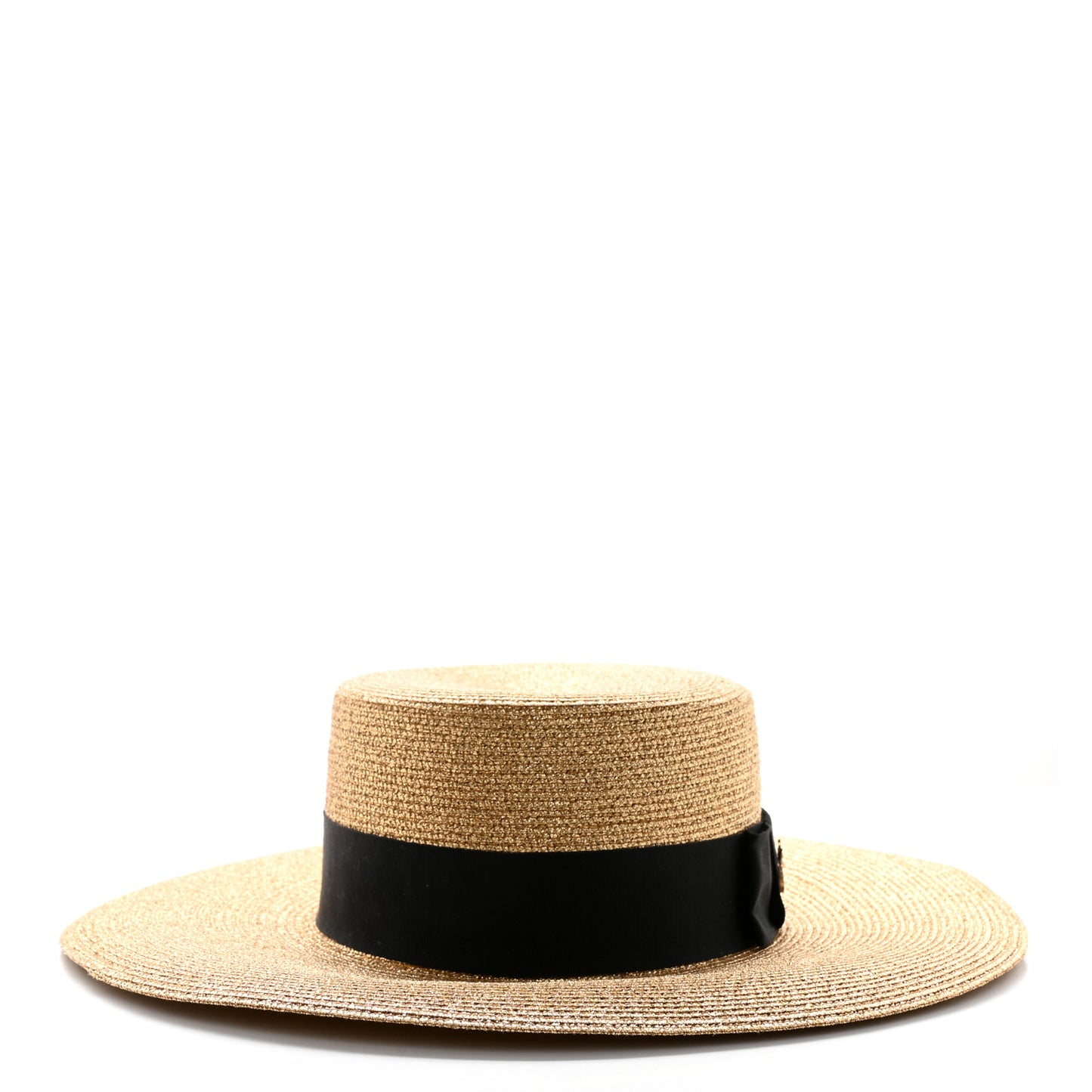 Glittered Straw Grosgrain Wide Brim Hat XS Gold Black
