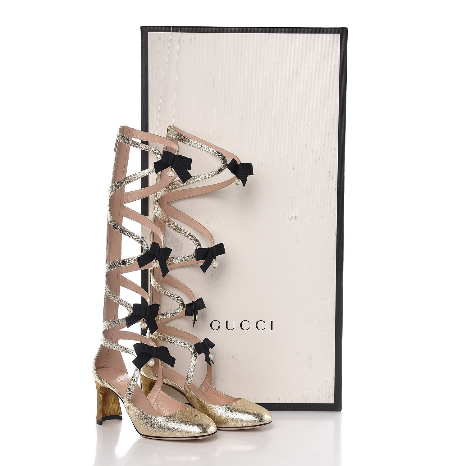 Gucci Metallic Calfskin Pebbles Lace Up Gladiator Knee High Boots 35 Gold Black 10 of 10