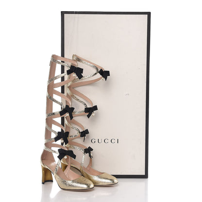 Gucci Metallic Calfskin Pebbles Lace Up Gladiator Knee High Boots 35 Gold Black 10 of 10