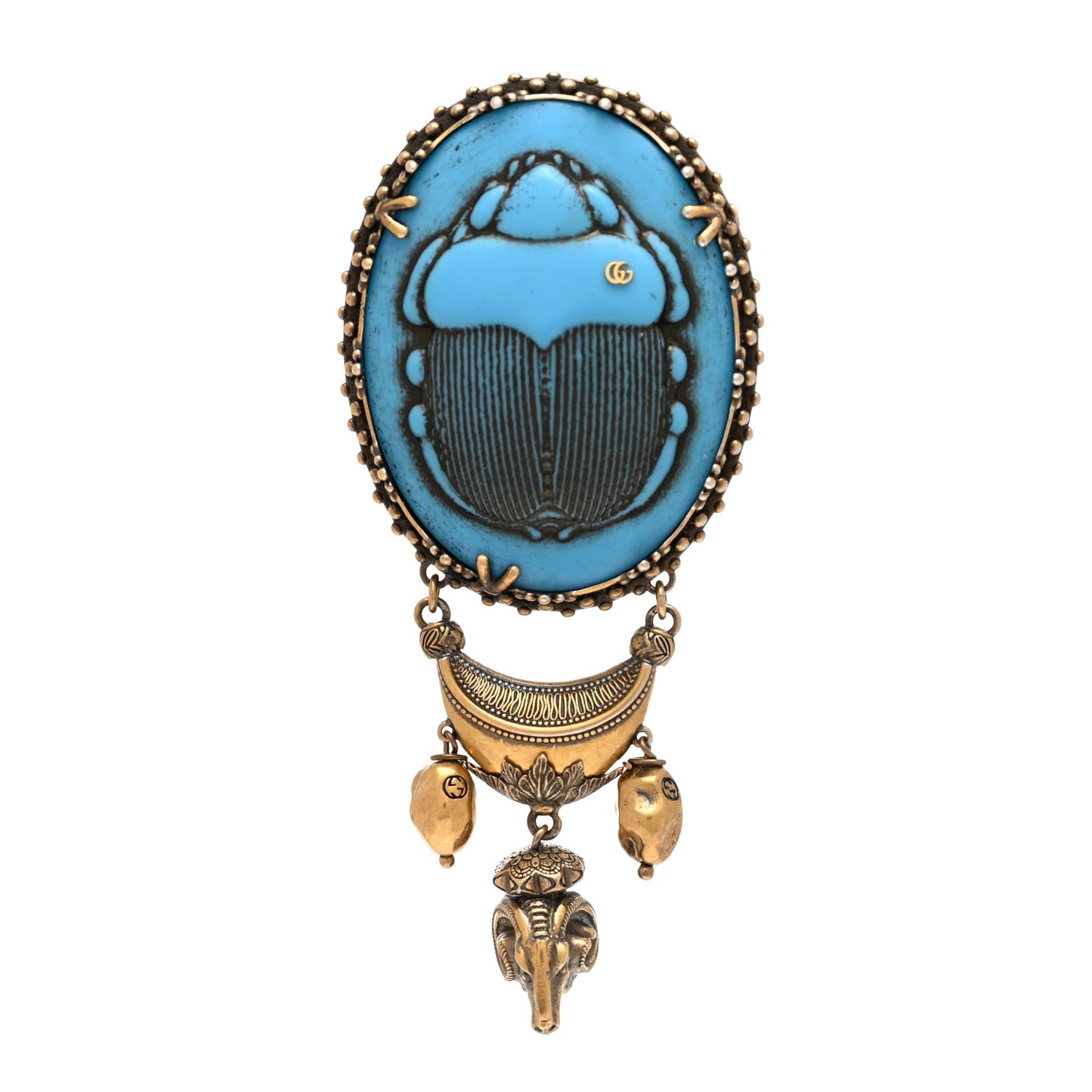 Metal Scarab Cameo Brooch Aged Gold Blue