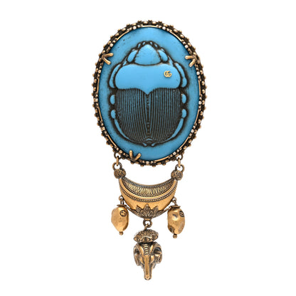 Gucci Metal Scarab Cameo Brooch Aged Gold Blue 1 of 5