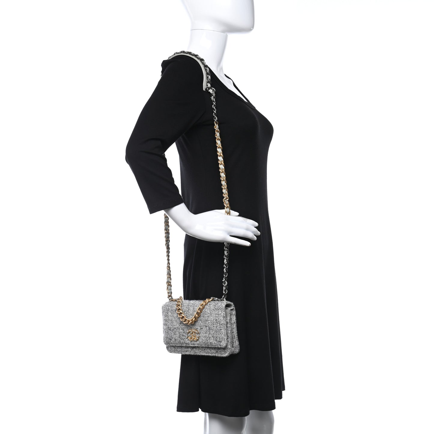 Wool Tweed Lambskin Quilted Chanel 19 Wallet On Chain WOC Grey