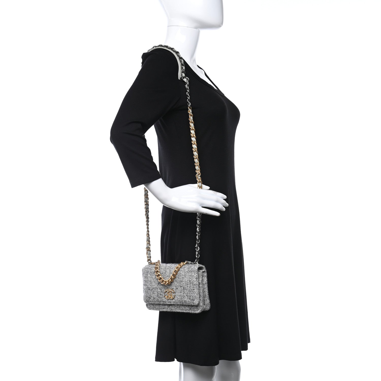 Chanel Wool Tweed Lambskin Quilted Chanel 19 Wallet On Chain WOC Grey 2 of 9