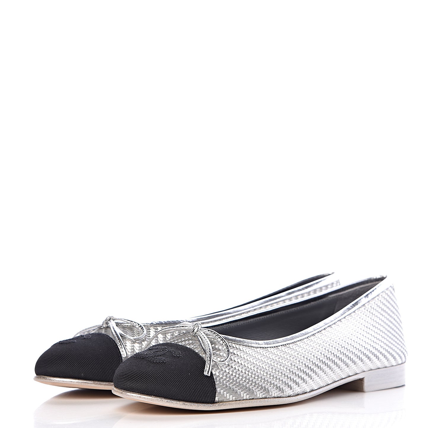 Metallic PVC Grosgrain Cap Toe Ballerina Flats 37 Silver Black
