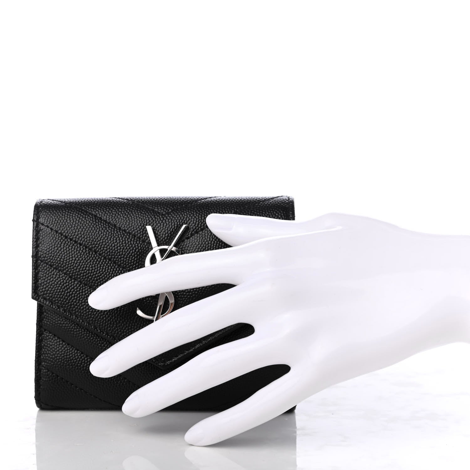 Saint Laurent Grain De Poudre Matelasse Chevron Monogram Compact Tri Fold Wallet Black 2 of 7