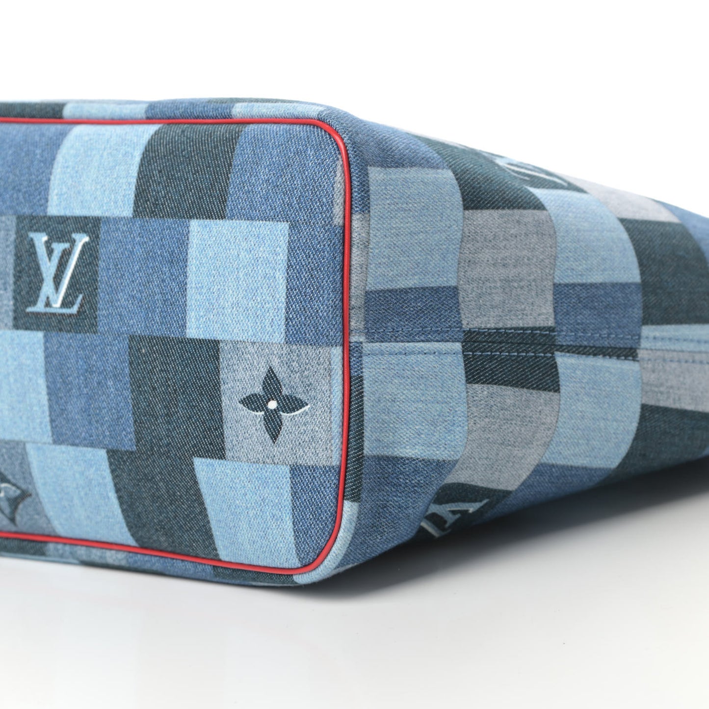 Denim Damier Monogram Patchwork Neverfull Blue Rouge