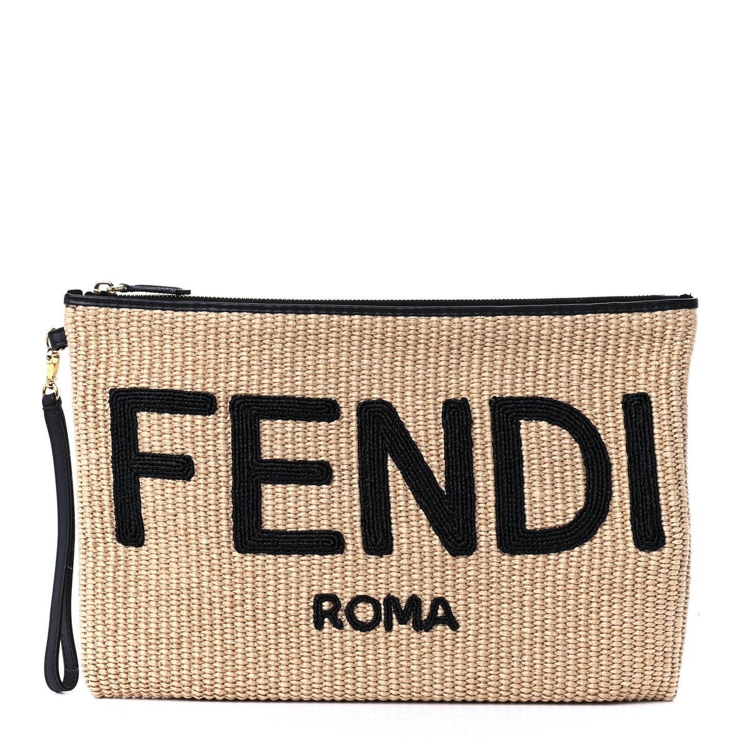 Straw Vitello King Logo Woven Large Flat Pouch Paglia Black