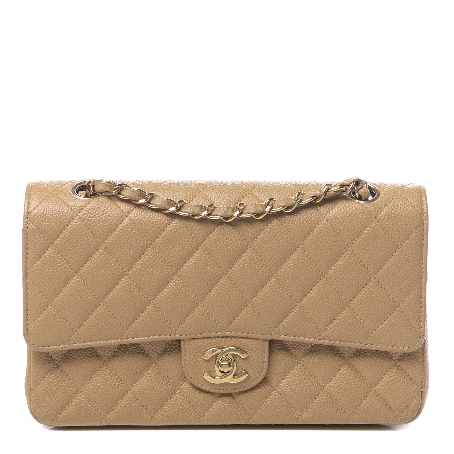 Caviar Quilted Medium Double Flap Beige