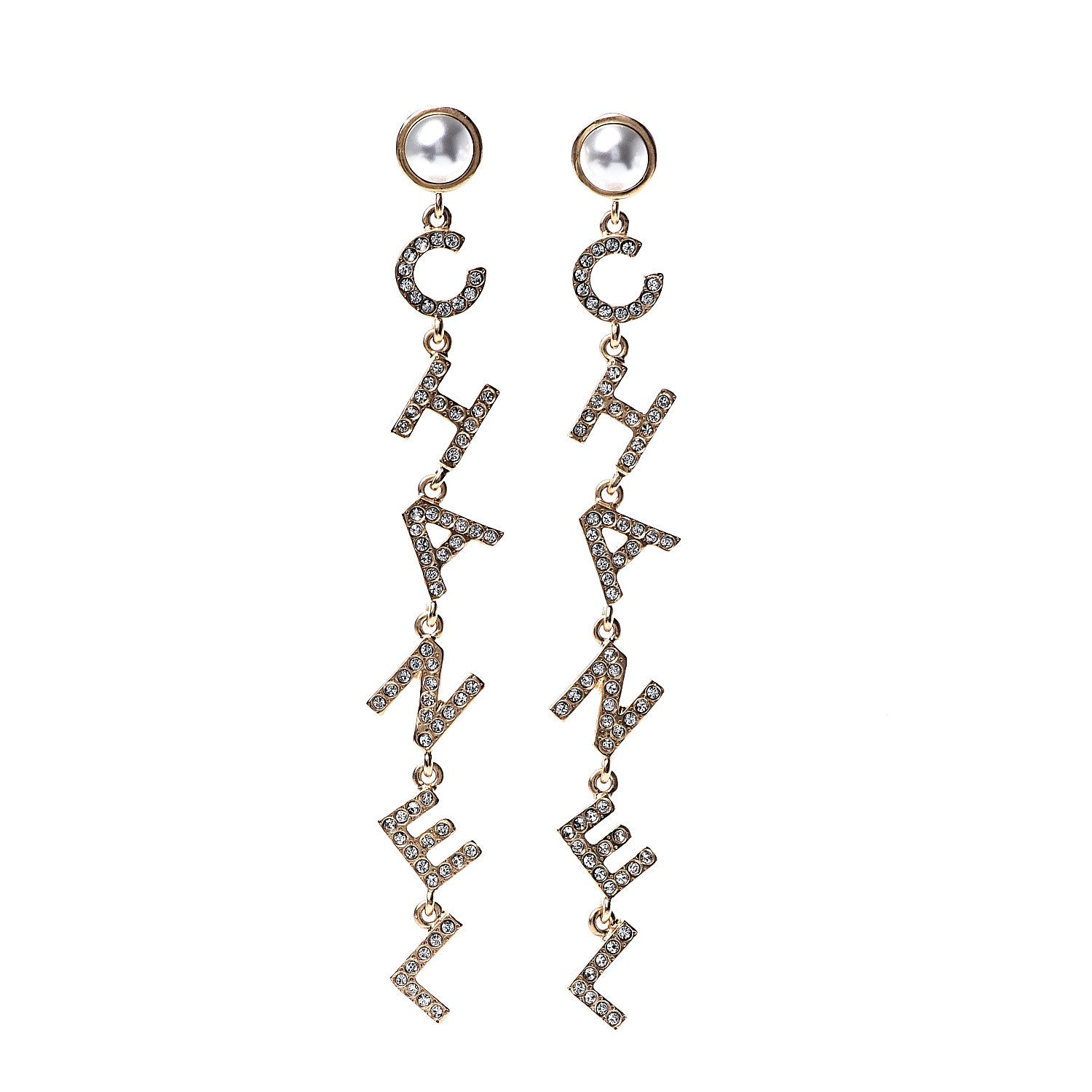 Chanel Crystal Pearl 90’s Icon Drop Letter Earrings Gold 1 of 5