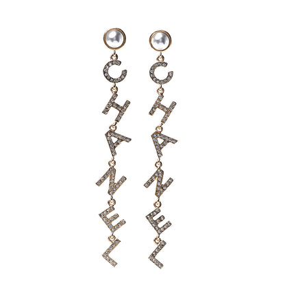 Chanel Crystal Pearl 90’s Icon Drop Letter Earrings Gold 1 of 5