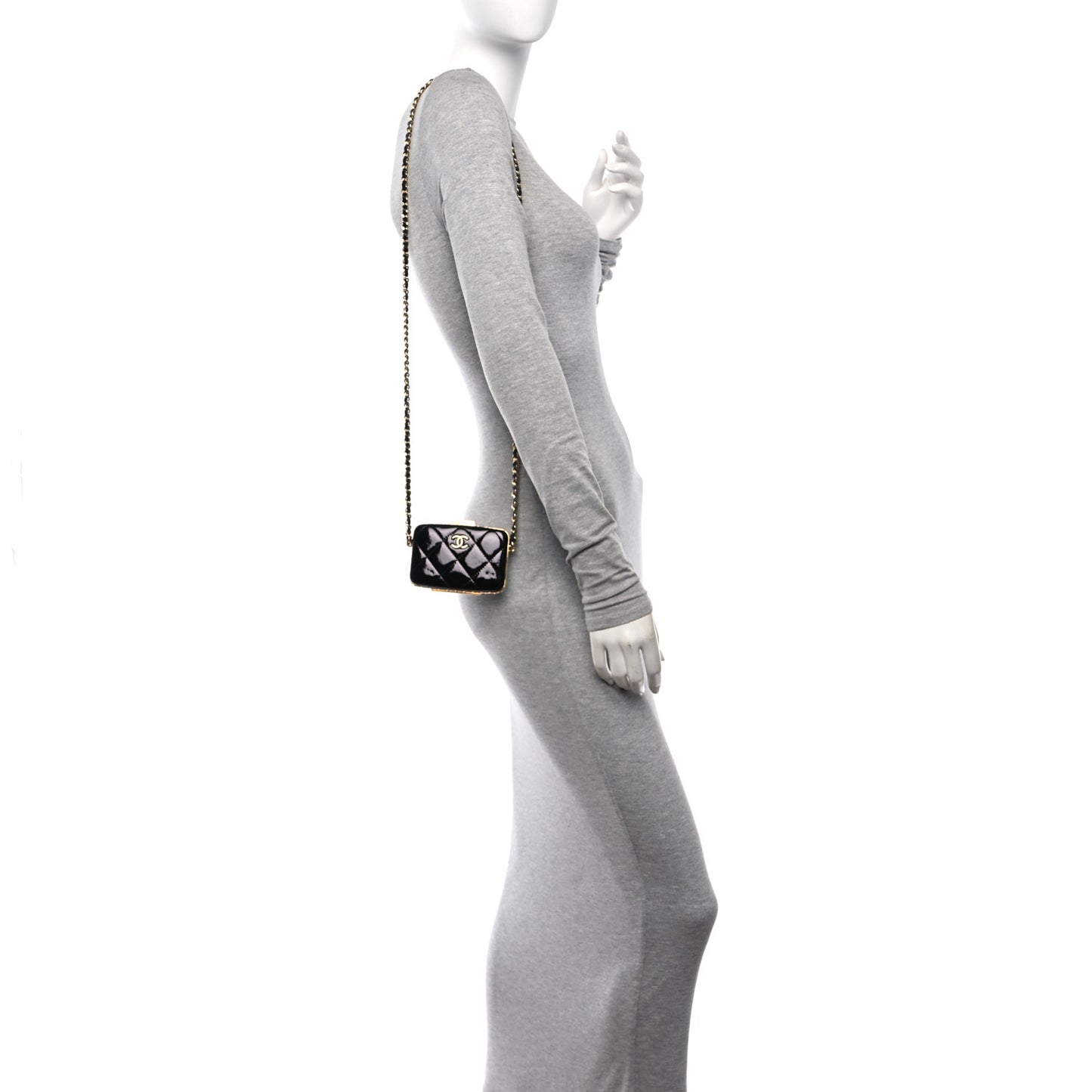 Glazed Goatskin Quilted Small Box With Chain Black