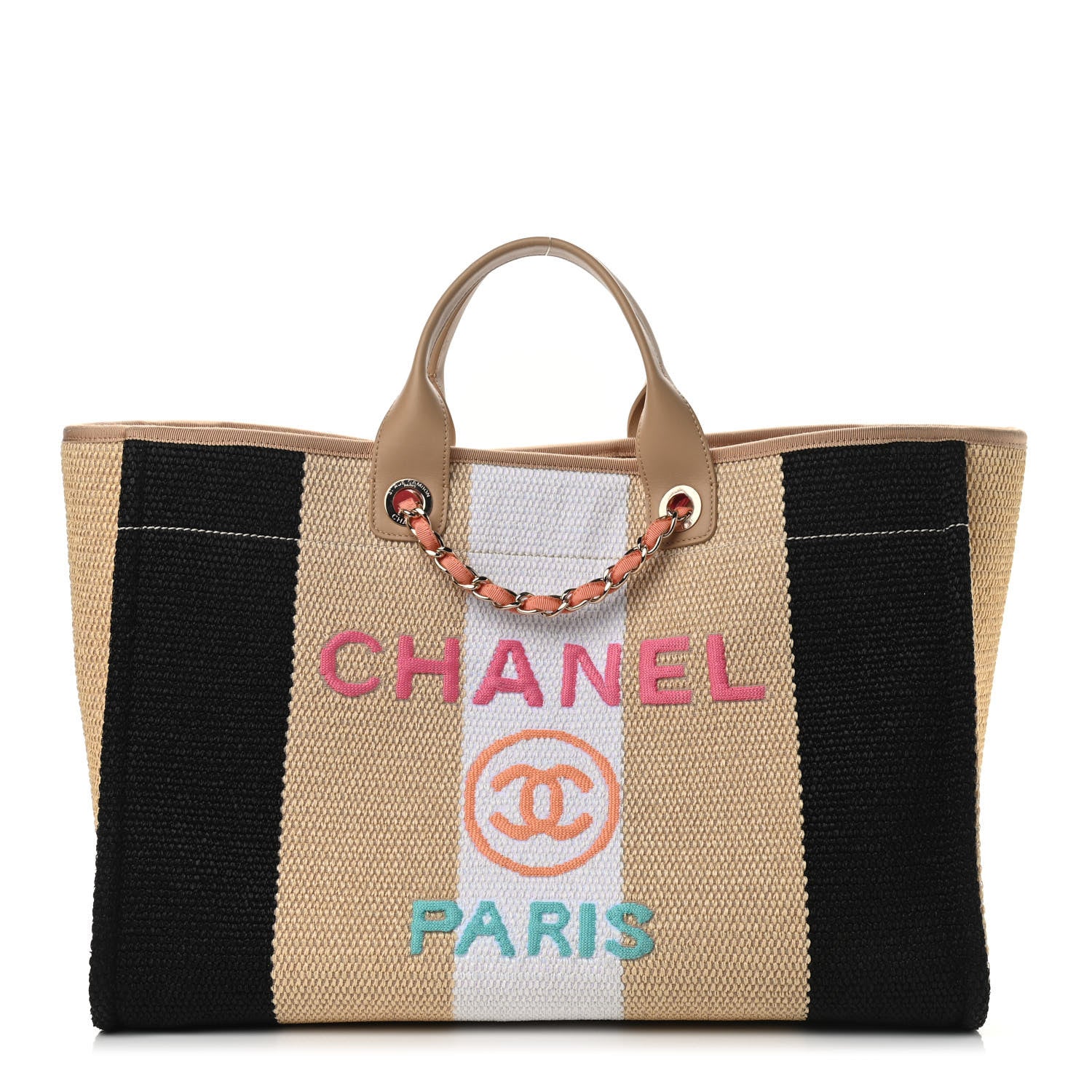 Chanel Straw Raffia Calfskin Striped Large Deauville Tote Black Beige Ivory 1 of 9