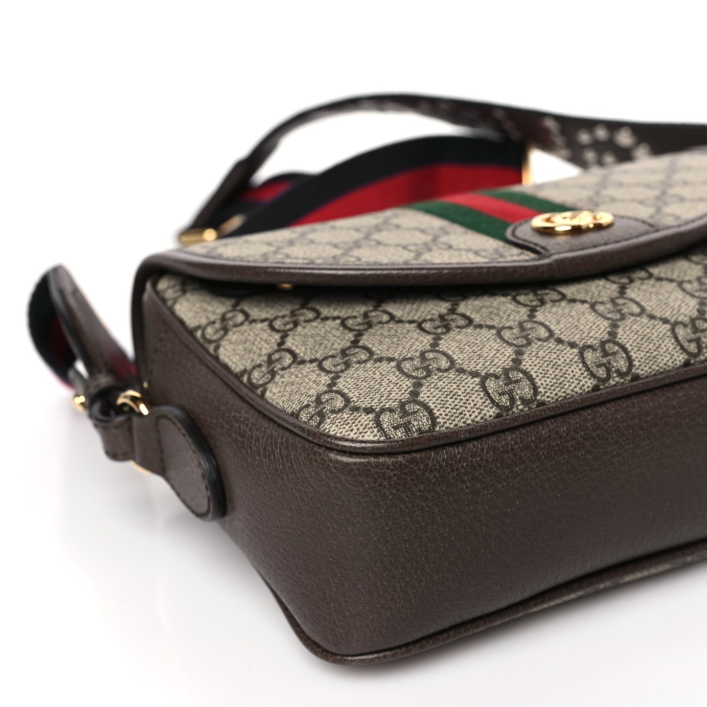 GG Supreme Monogram Textured Dollar Calfskin Web Studded Mini Ophidia Flap Shoulder Bag Beige Ebony New Acero