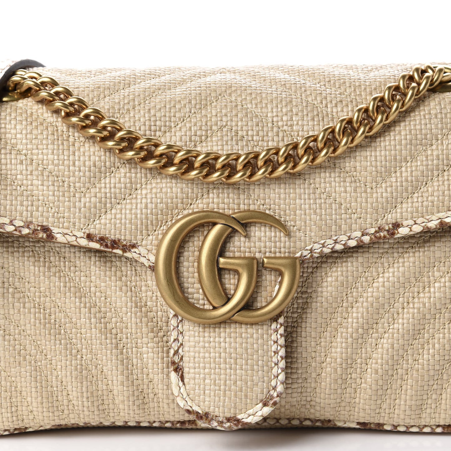 Raffia Elaphe Matelasse Small GG Marmont Shoulder Bag Natural Cream Brown