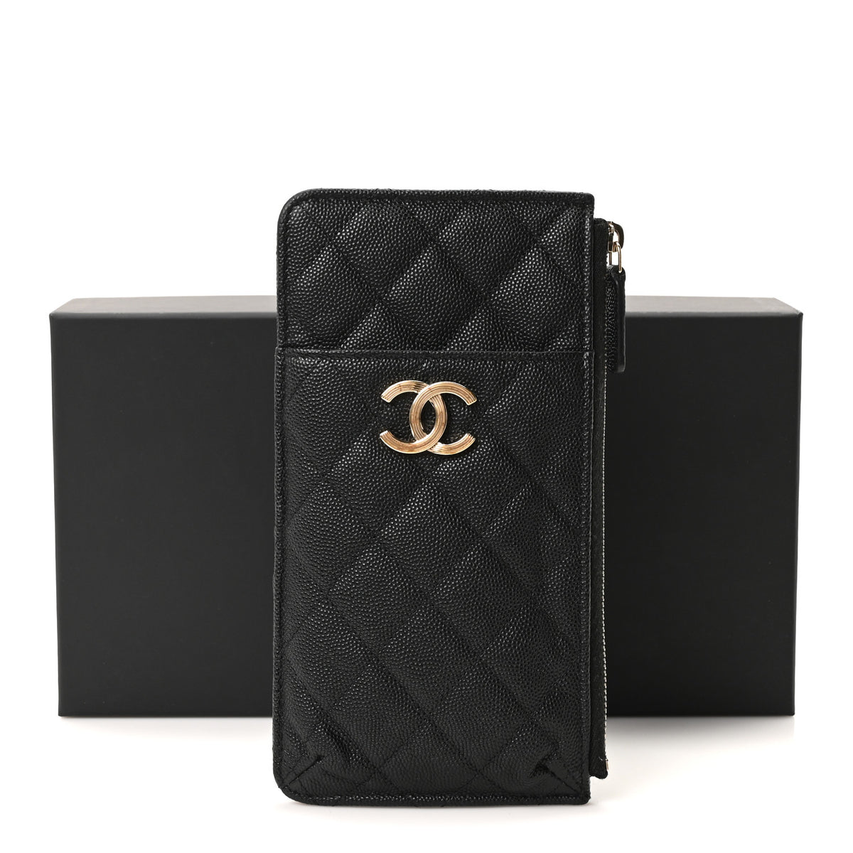 Caviar Quilted Striated Classic Flat Wallet Pouch  Black