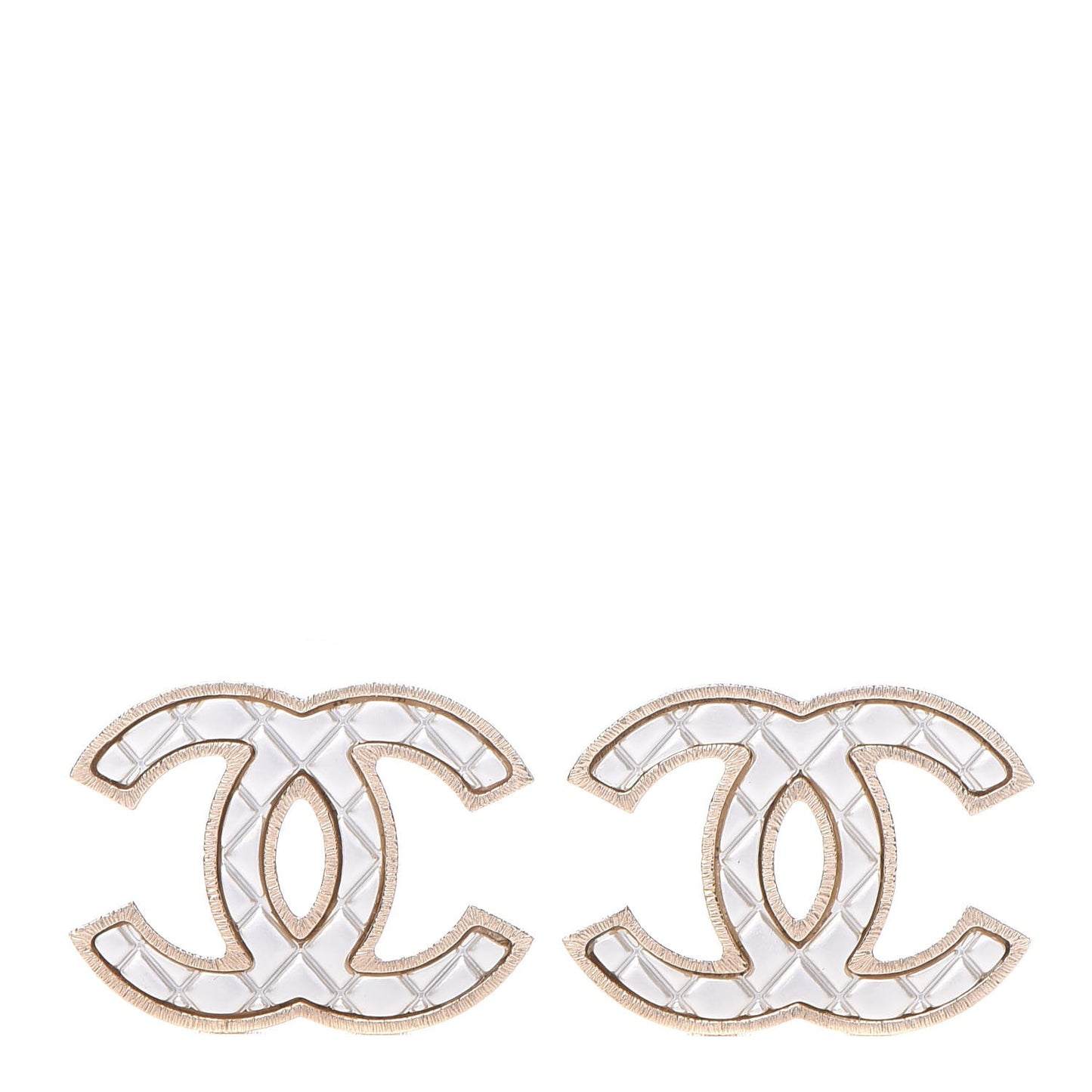Metal Quilted CC Earrings Gold White