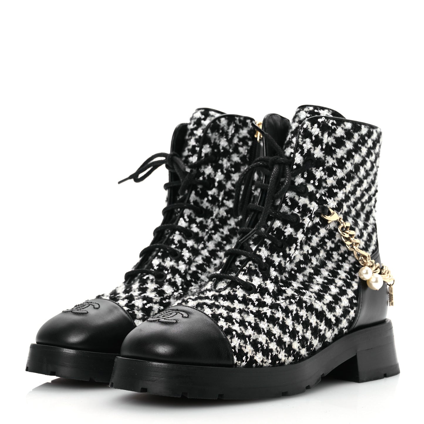 Wool Tweed Calfskin Chain Lace Up Combat Boots 38 Black White
