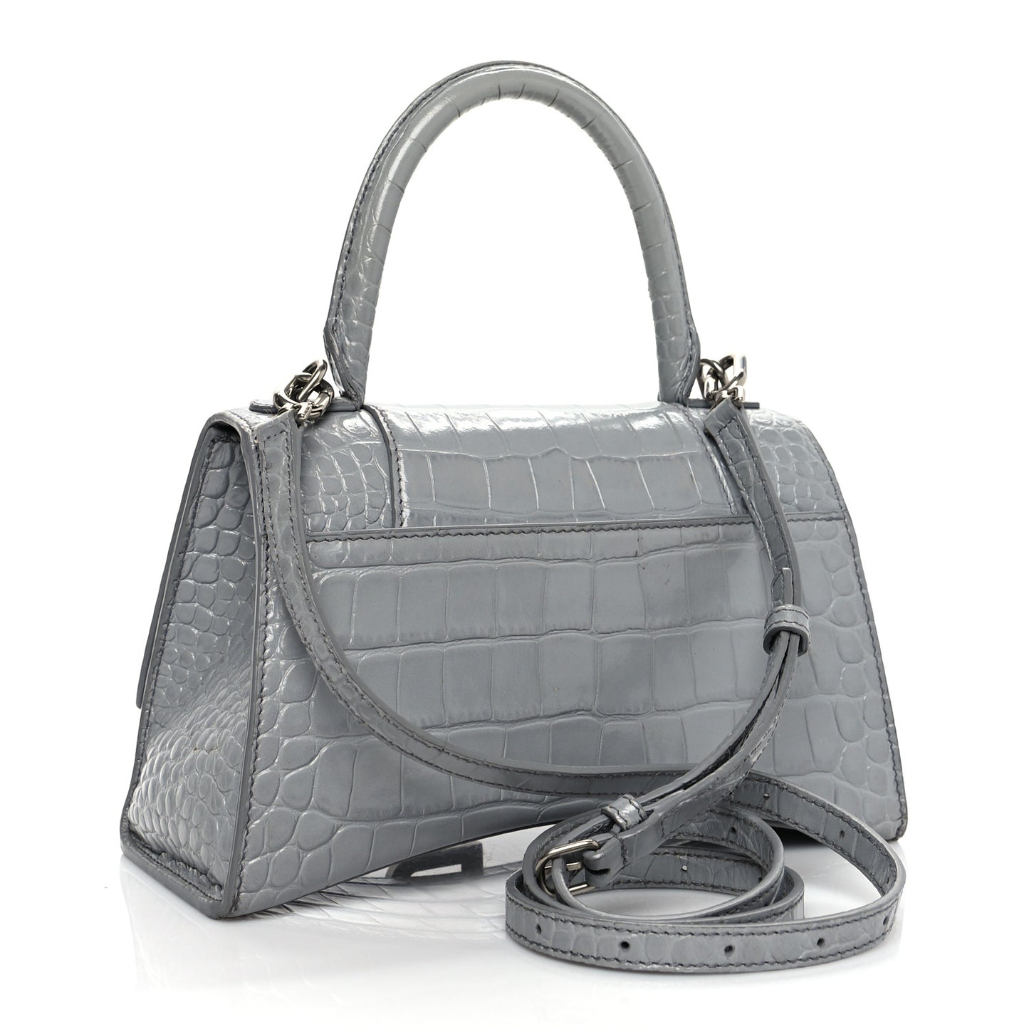 Shiny Calfskin Crocodile Embossed Small Hourglass Top Handle Bag Balenciaga Grey