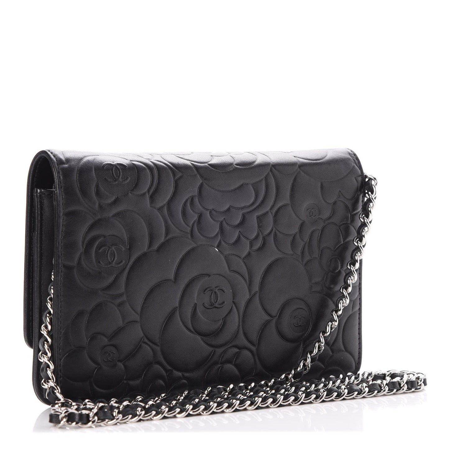 Lambskin Camellia Embossed Wallet On Chain WOC Black