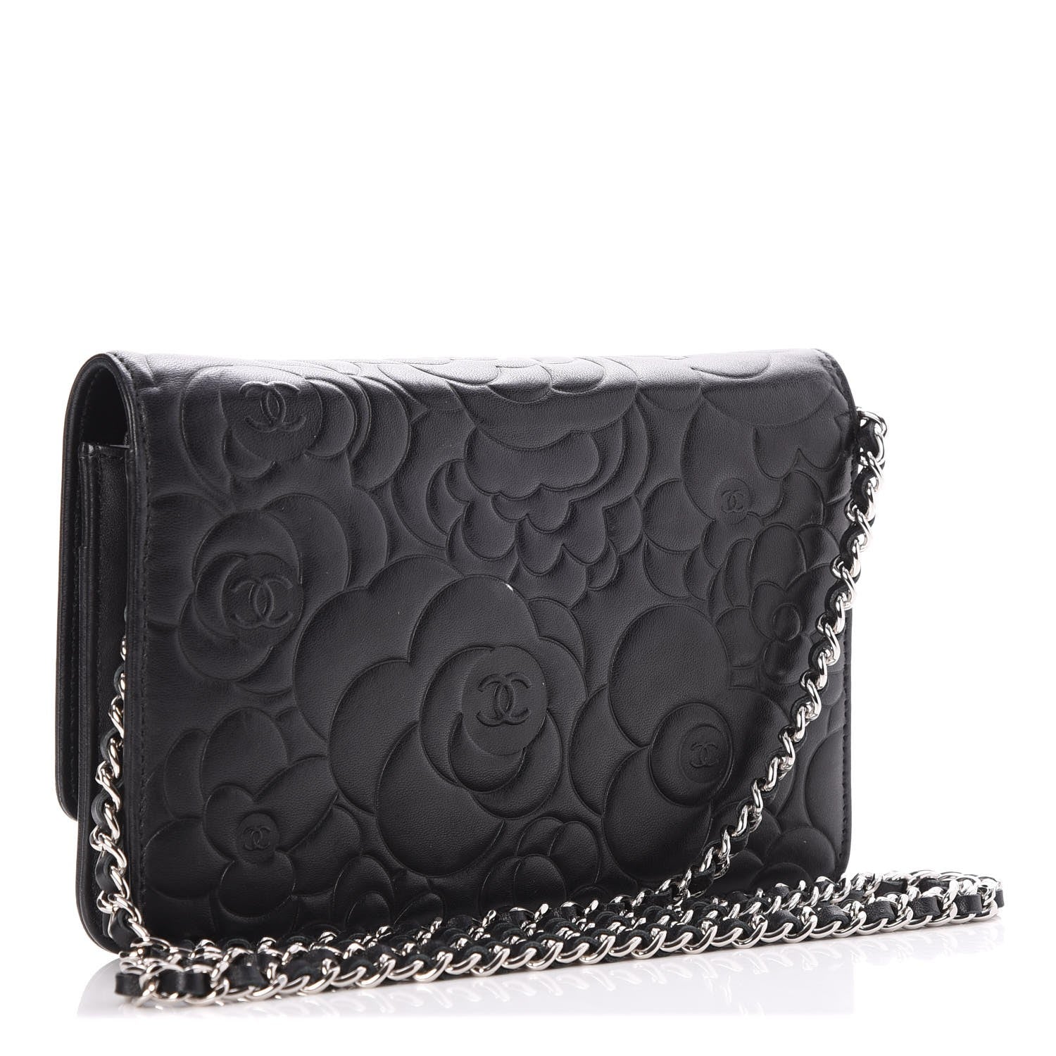 Chanel Lambskin Camellia Embossed Wallet On Chain WOC Black 3 of 12
