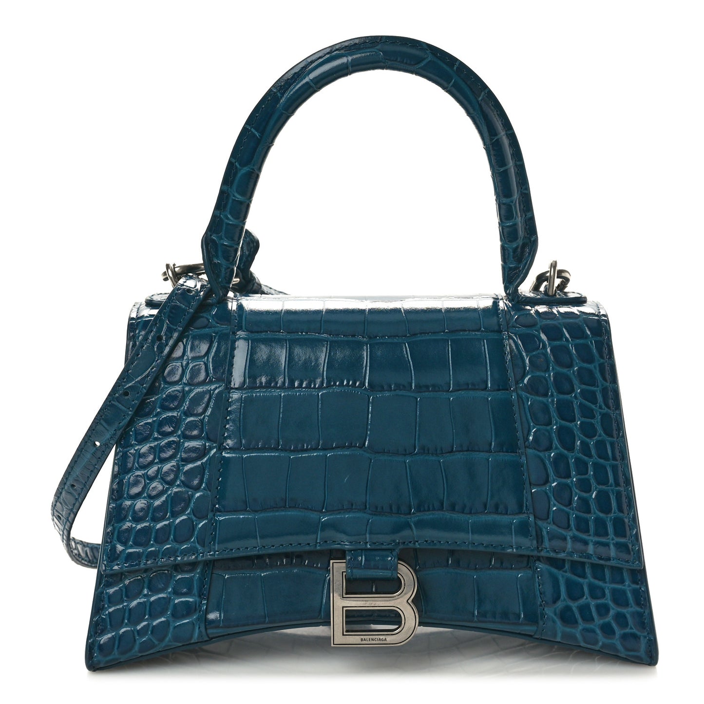 Shiny Calfskin Crocodile Embossed Small Hourglass Top Handle Bag Dark Petrol Blue