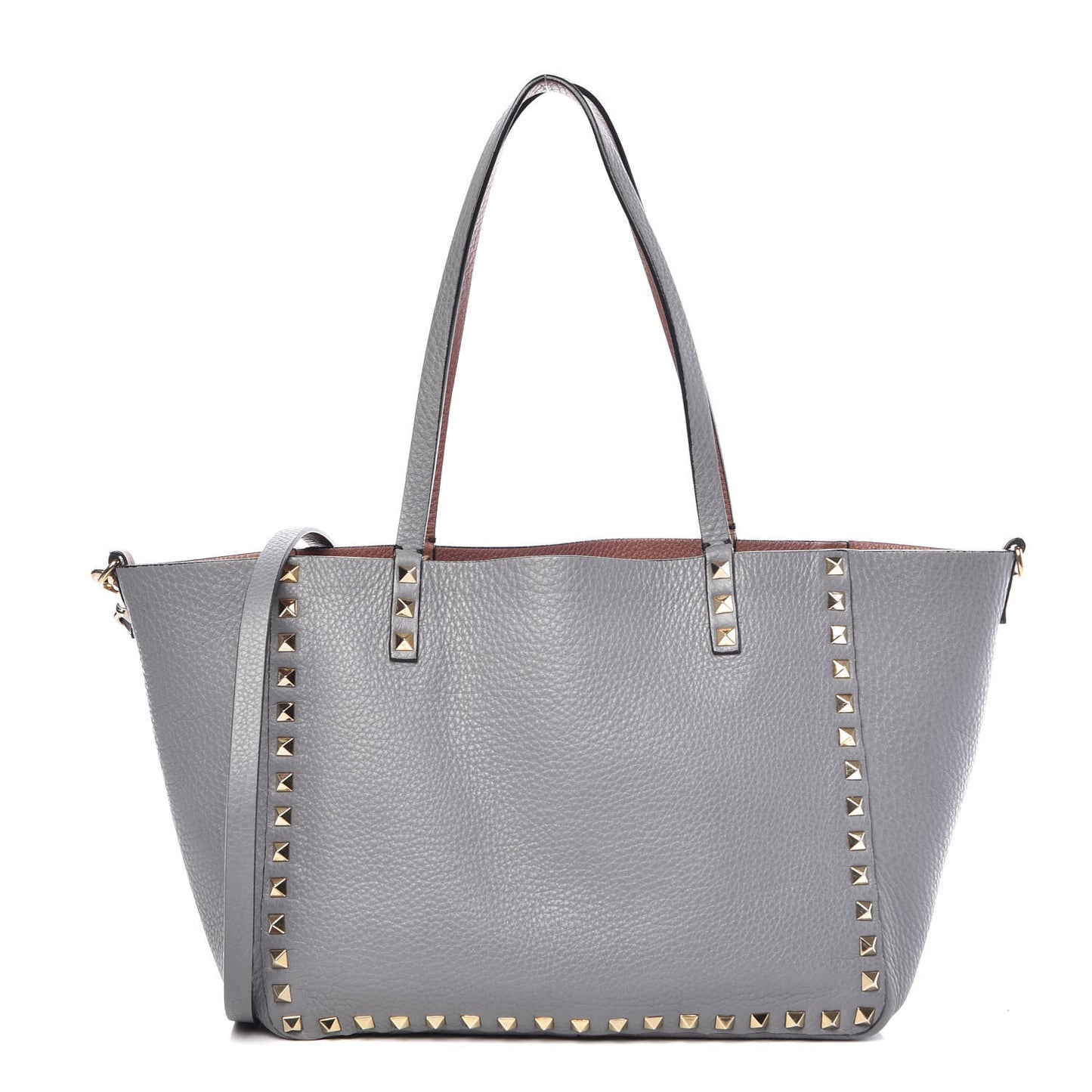 Grained Calfskin Small Rockstud Reversible Tote Grey Dark Rose