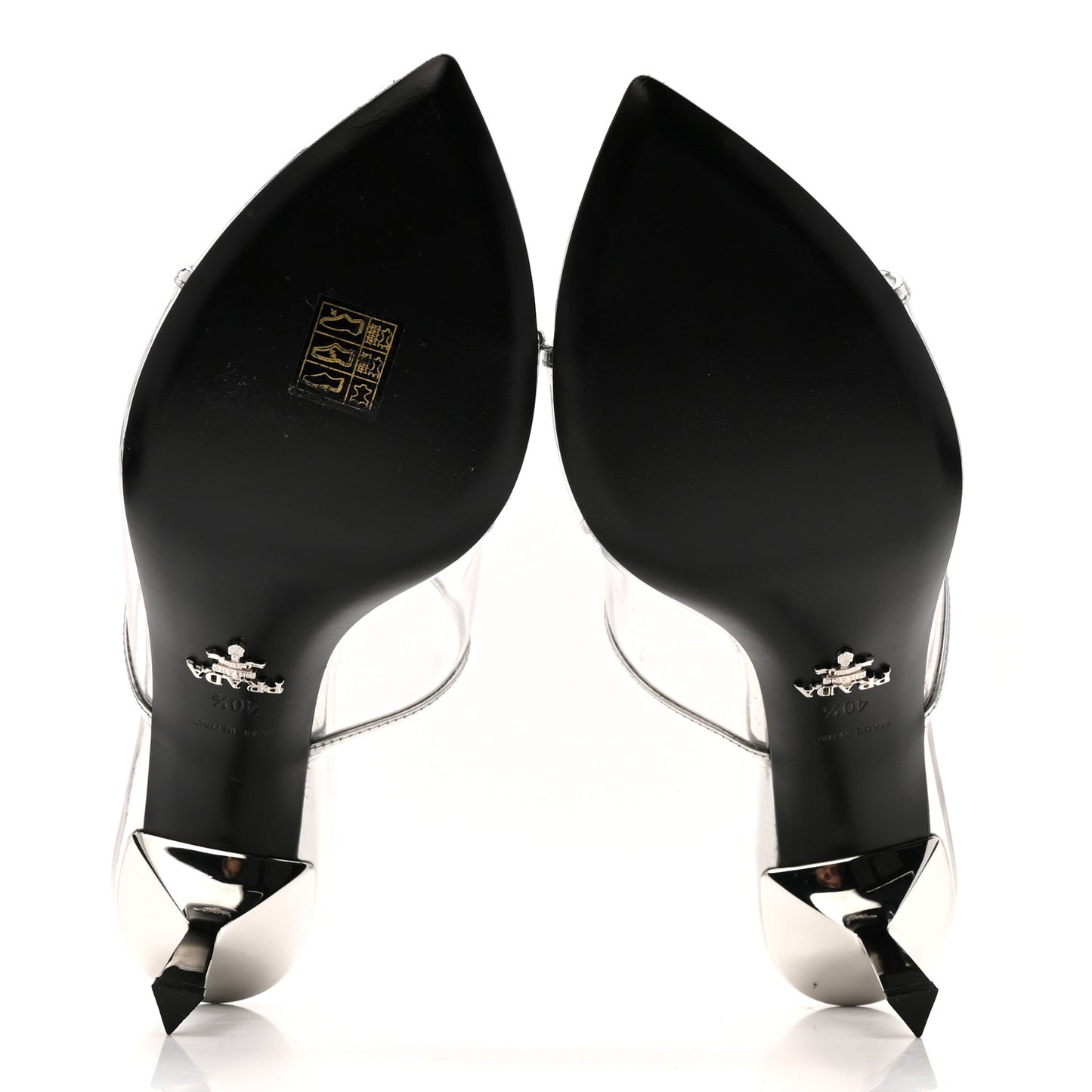 Plexiglass Metallic Calfskin Metal Triangle Logo 75mm Slide Sandals 40.5 Argento