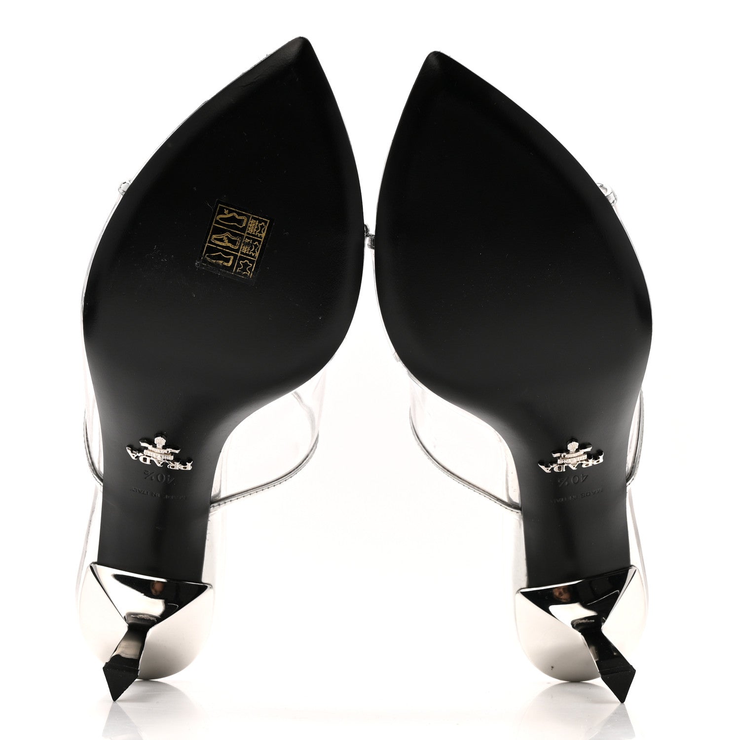 Prada Plexiglass Metallic Calfskin Metal Triangle Logo 75mm Slide Sandals 40.5 Argento 6 of 10