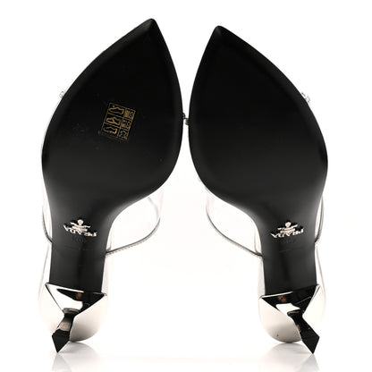 Prada Plexiglass Metallic Calfskin Metal Triangle Logo 75mm Slide Sandals 40.5 Argento 6 of 10