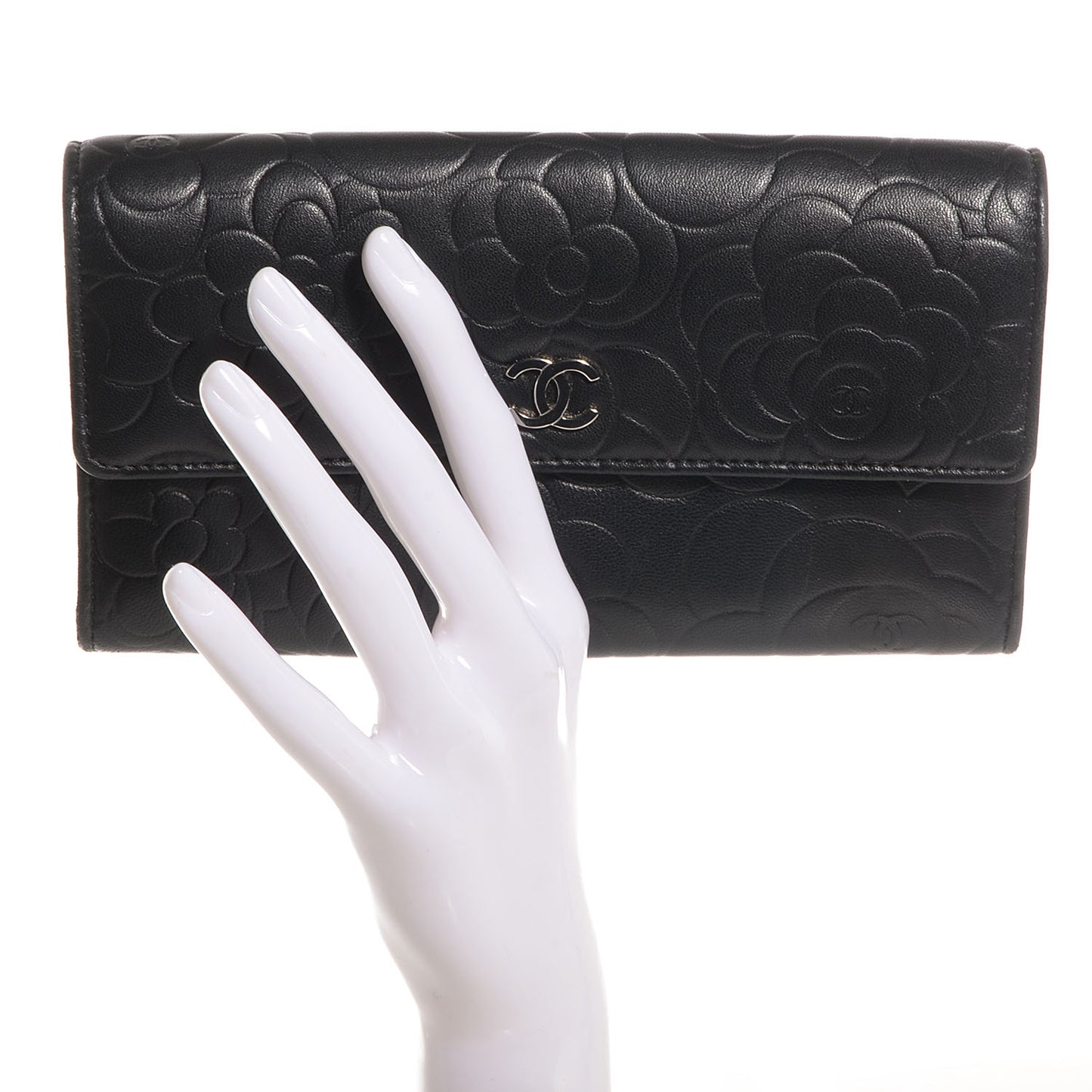 Lambskin Embossed Camellia Large Gusset Flap Wallet Black
