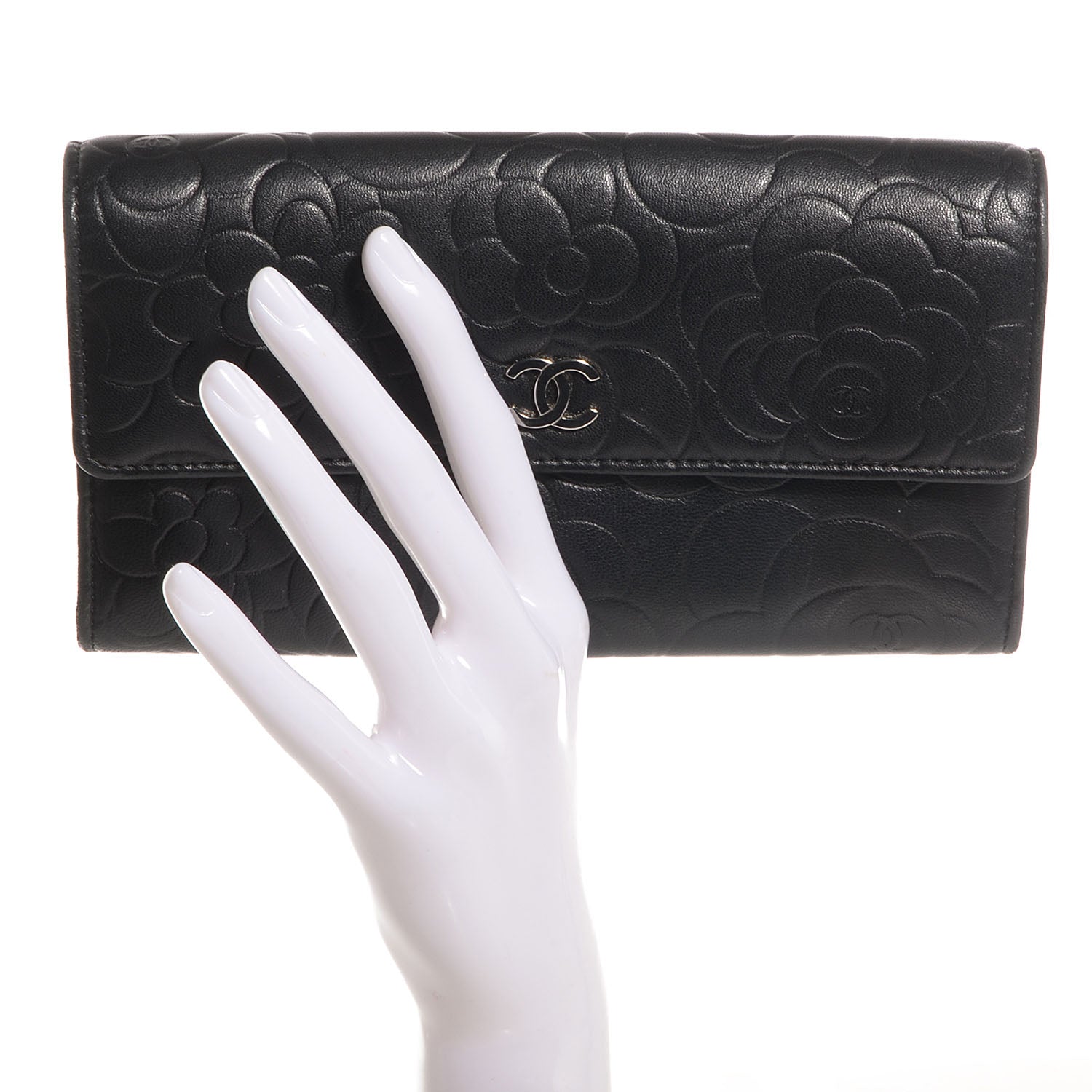 Chanel Lambskin Embossed Camellia Large Gusset Flap Wallet Black 2 of 9