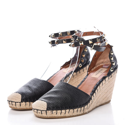 Valentino Garavani Grained Calfskin Rockstud Ankle Wrap Espadrille 15/85mm Wedges 39 Black Light Cuir 3 of 8