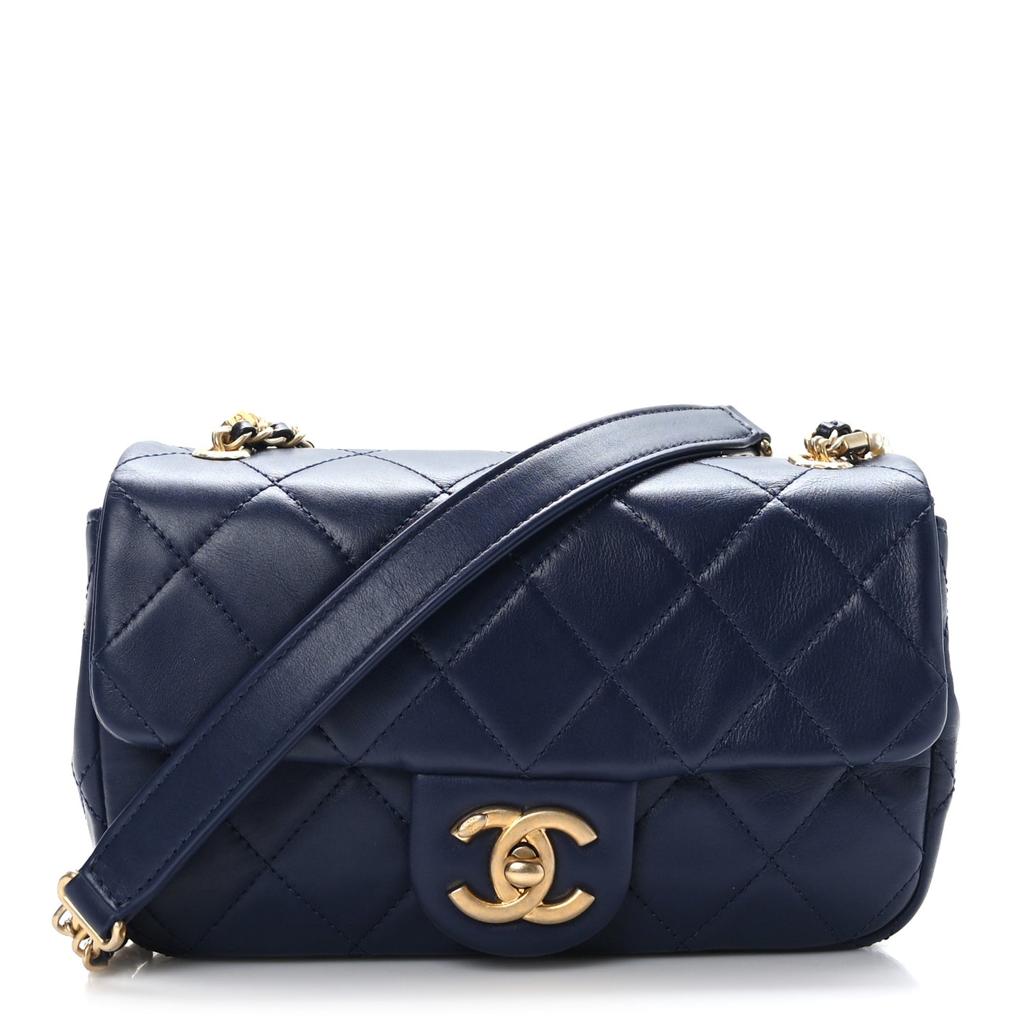 Calfskin Quilted Small Crystal Pearls Flap Bag Blue