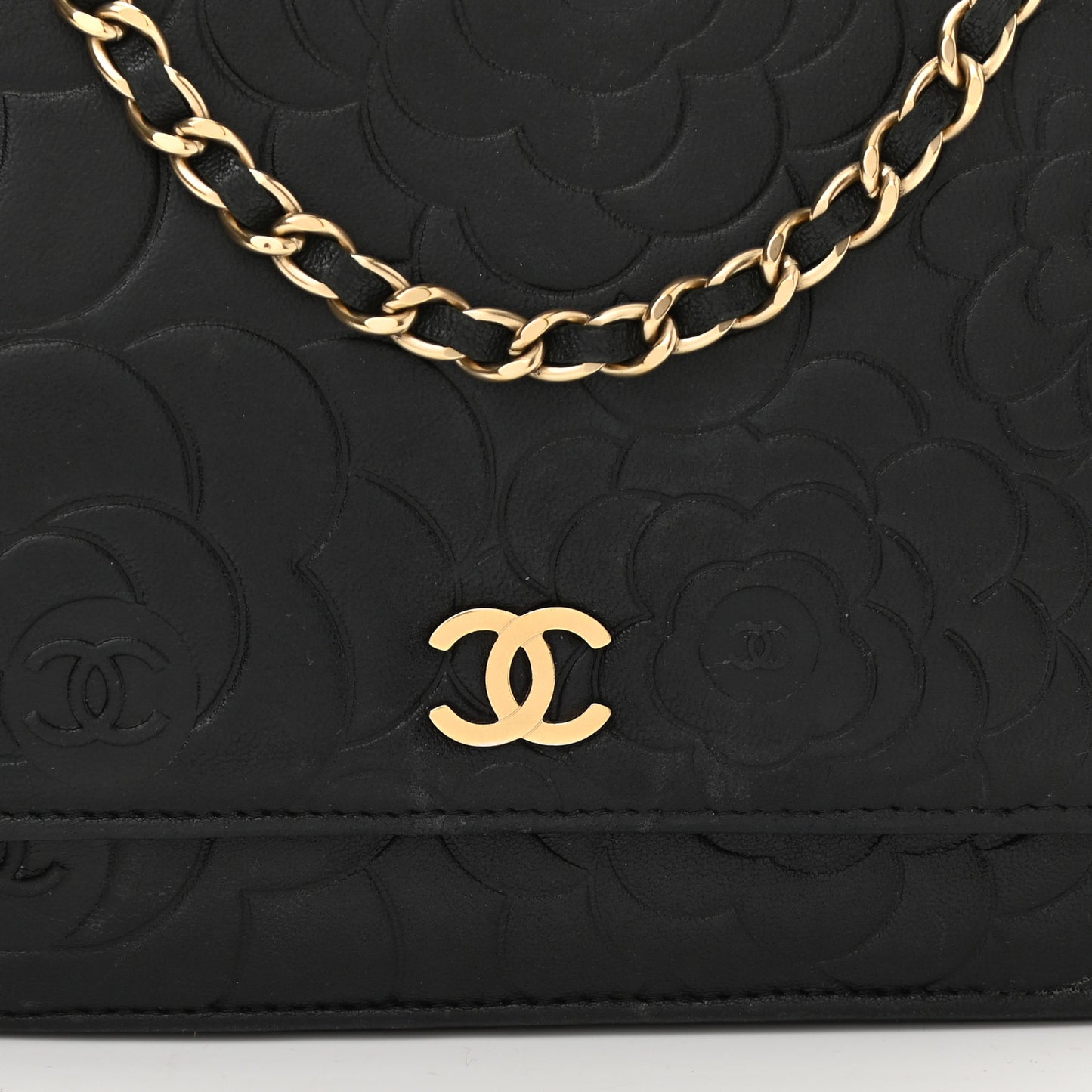 Lambskin Camellia Embossed Wallet on Chain WOC Black