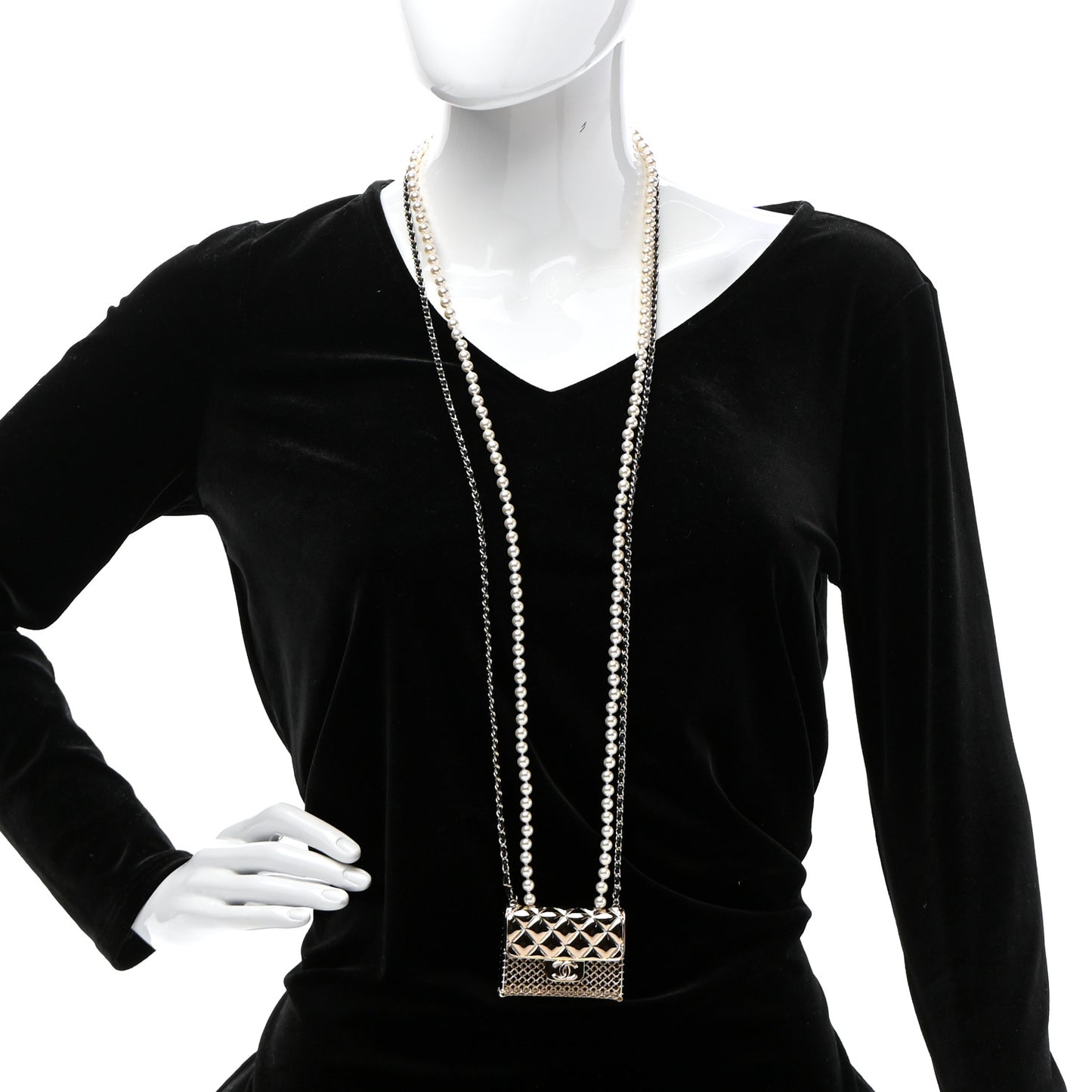 Metal Lambskin Pearl Chain Flap Bag Long Necklace Gold Black Pearly White