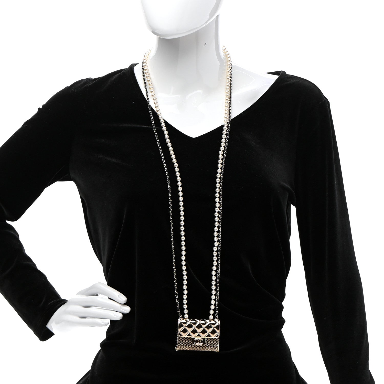 Chanel Metal Lambskin Pearl Chain Flap Bag Long Necklace Gold Black Pearly White 2 of 6
