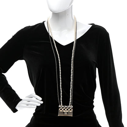 Chanel Metal Lambskin Pearl Chain Flap Bag Long Necklace Gold Black Pearly White 2 of 6