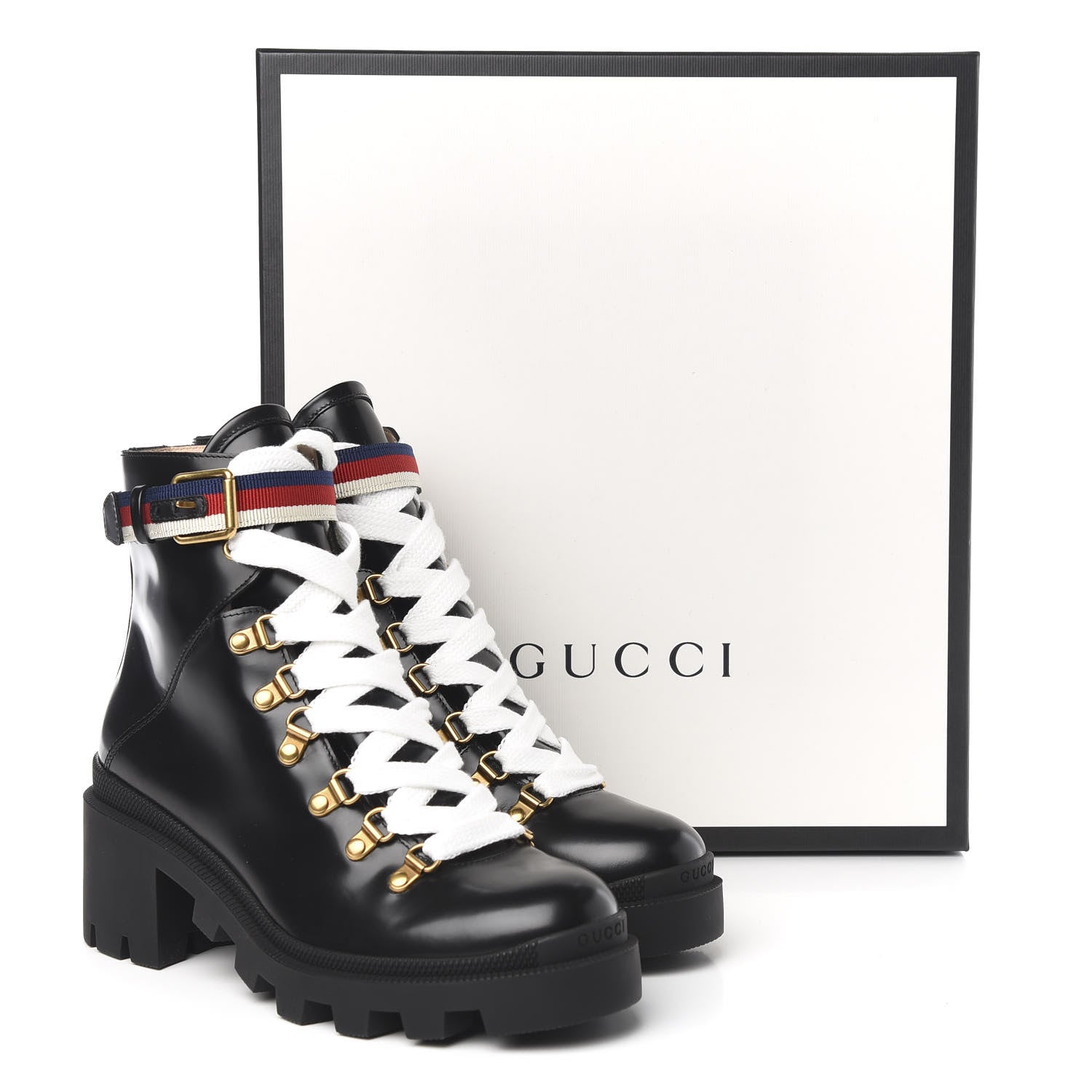Gucci Calfskin Sylvie Web Womens Lace Up Combat Boots 38 Black 10 of 10