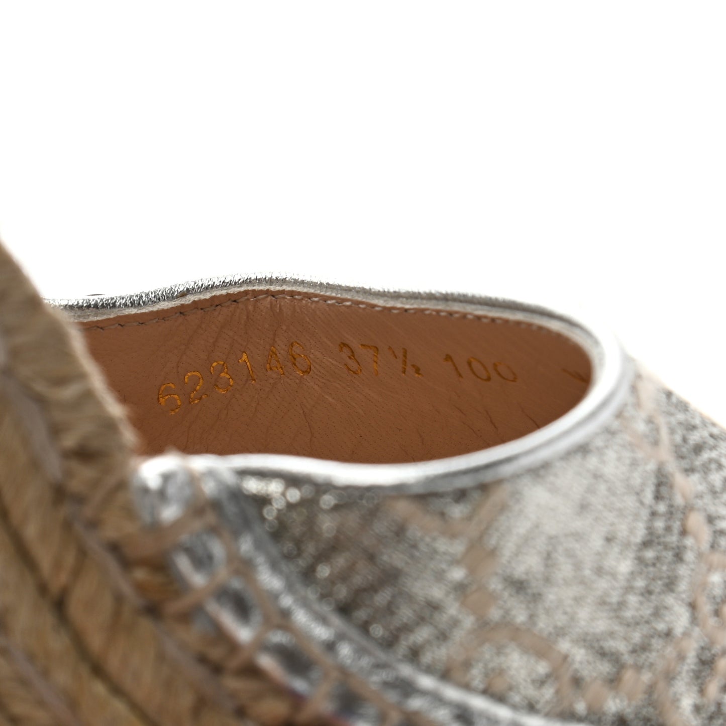 Lame GG Monogram Ankle Wrap Platform Espadrille Wedges 37.5 Silver Beige Light Grey