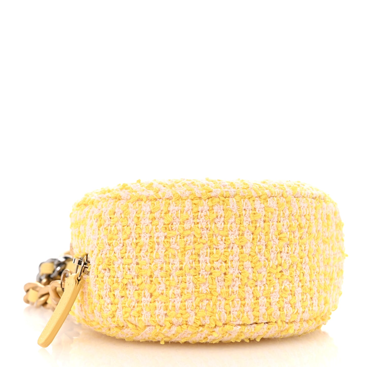 Wool Tweed Lambskin Quilted Chanel 19 Round Clutch With Chain Yellow Pink