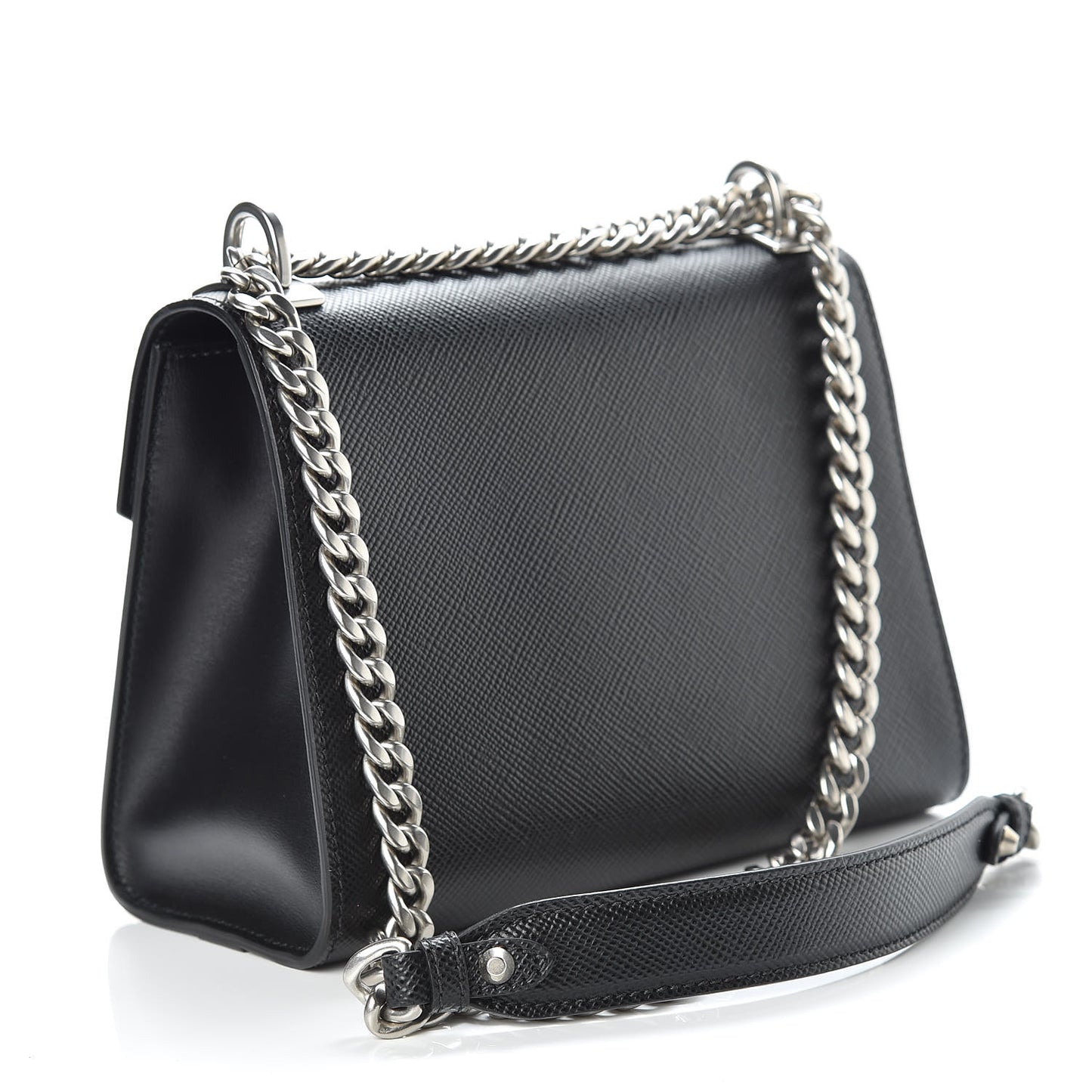 Saffiano Cuir Calfskin Monochrome Envelope Flap Chain Shoulder Bag Black