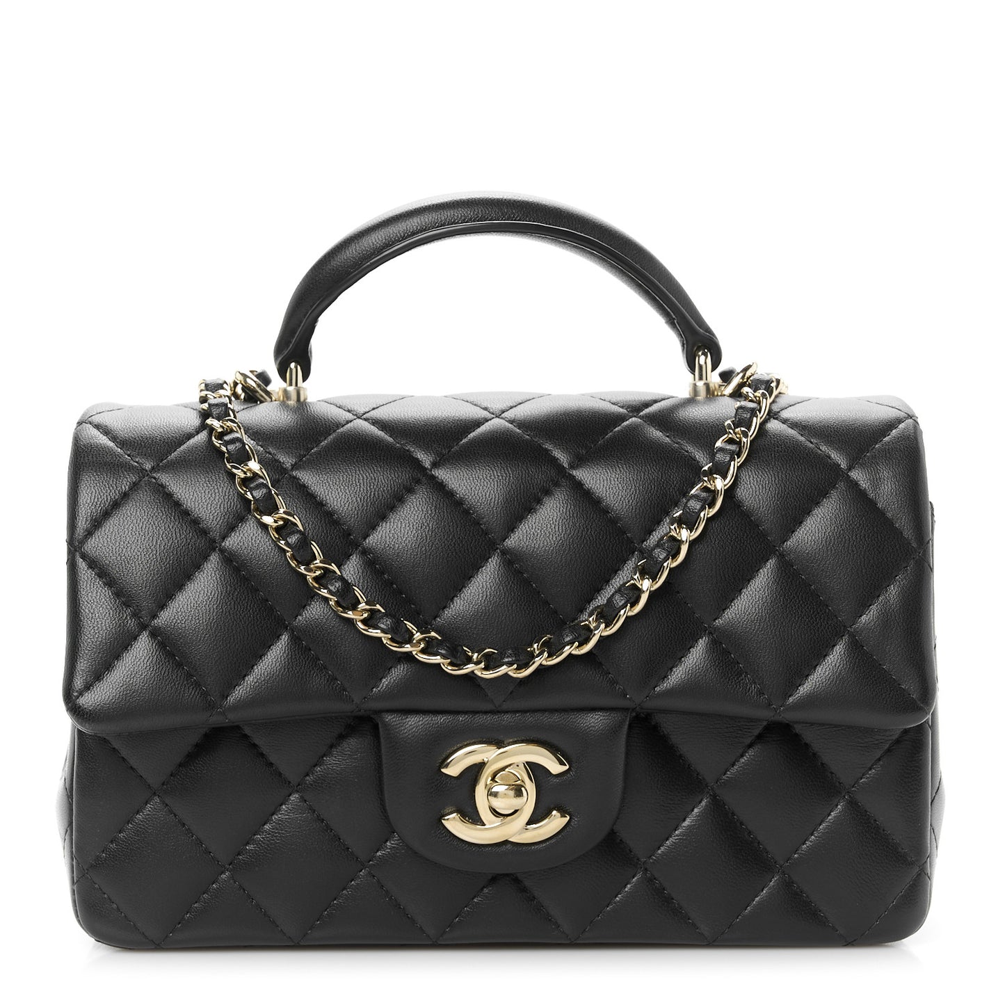 Lambskin Quilted Mini Top Handle Rectangular Flap Black