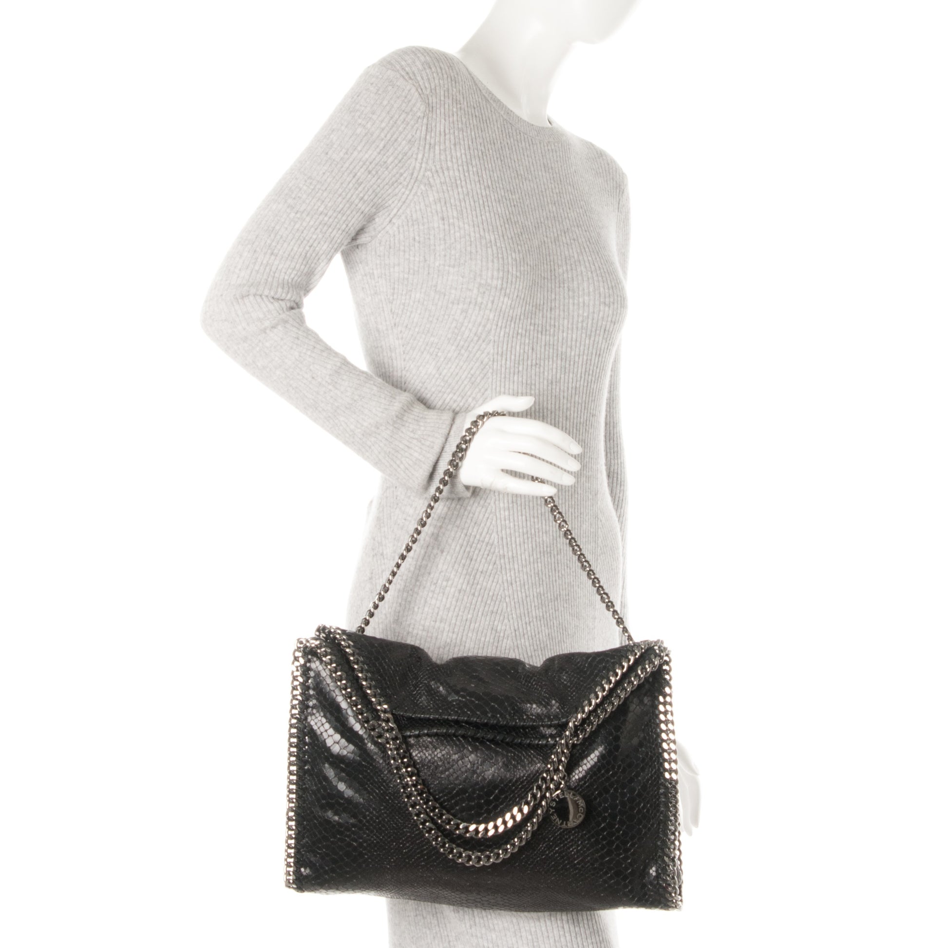 Stella McCartney Metallic Faux Snakeskin Small Falabella Fold Over Tote Black 2 of 8