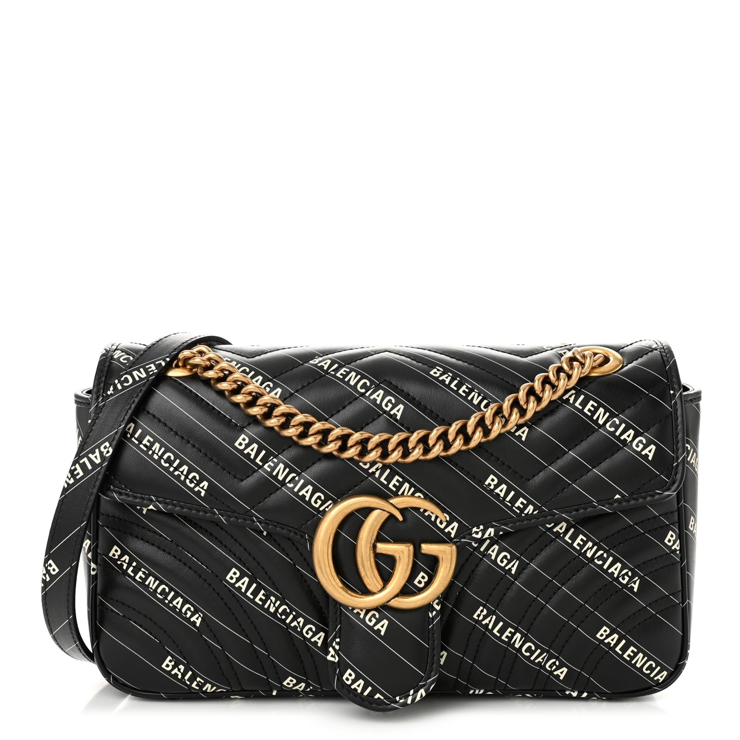 X BALENCIAGA Calfskin Matelasse Logo Print Small GG Marmont Shoulder Bag Black